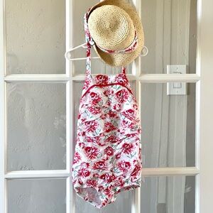 OshKosh B'gosh Red and White Romper with matching straw hat